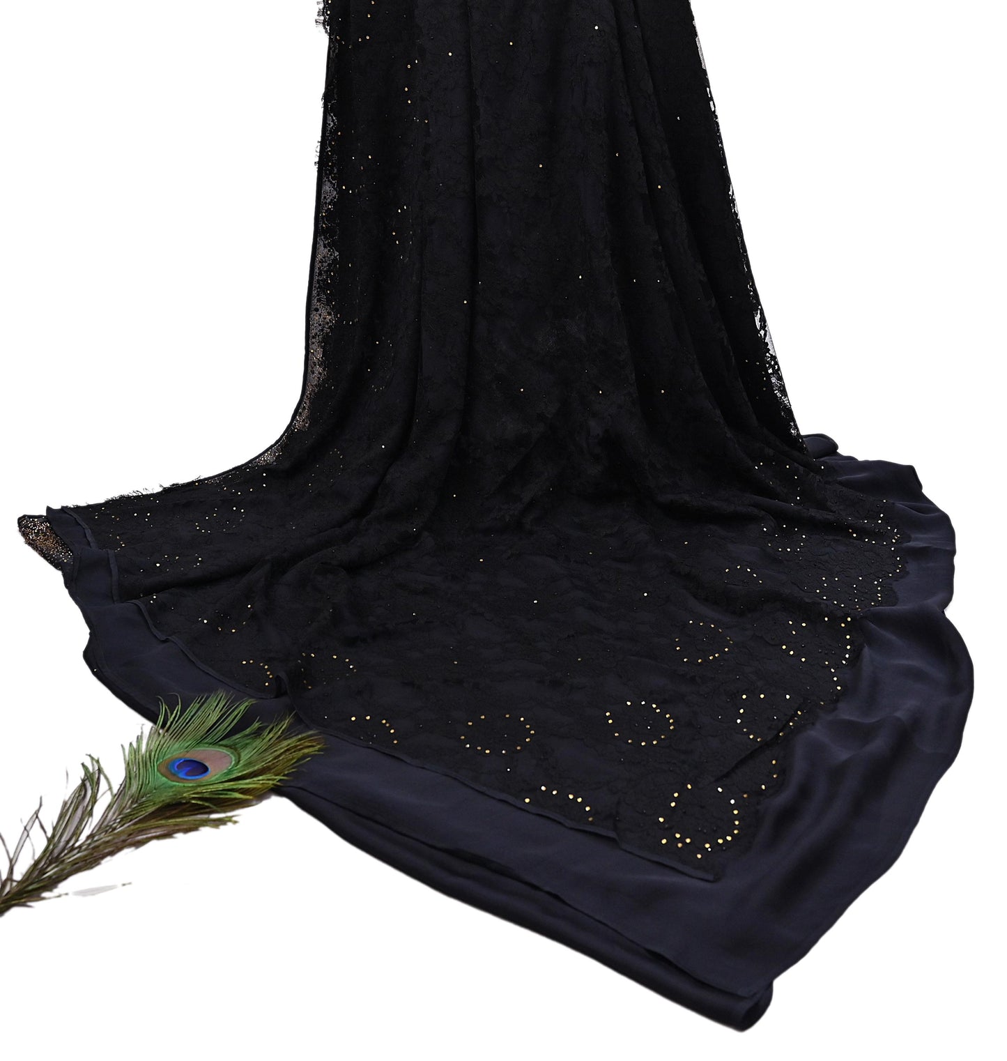 Rare Vintage Black  Net Pure Satin Silk Saree Hand Embroidered Fabric 5 Yards Sari Bollywood Party Wear Ethnic Designer Saree