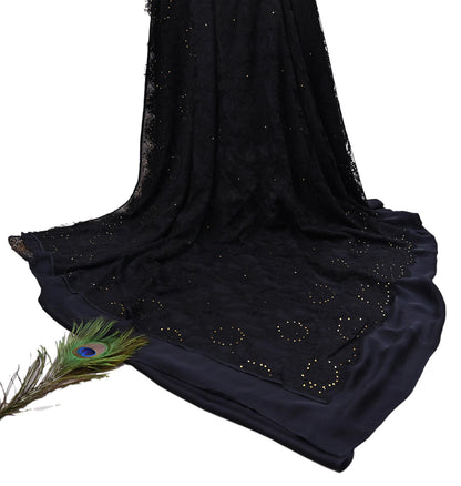 Rare Vintage Black  Net Pure Satin Silk Saree Hand Embroidered Fabric 5 Yards Sari Bollywood Party Wear Ethnic Designer Saree