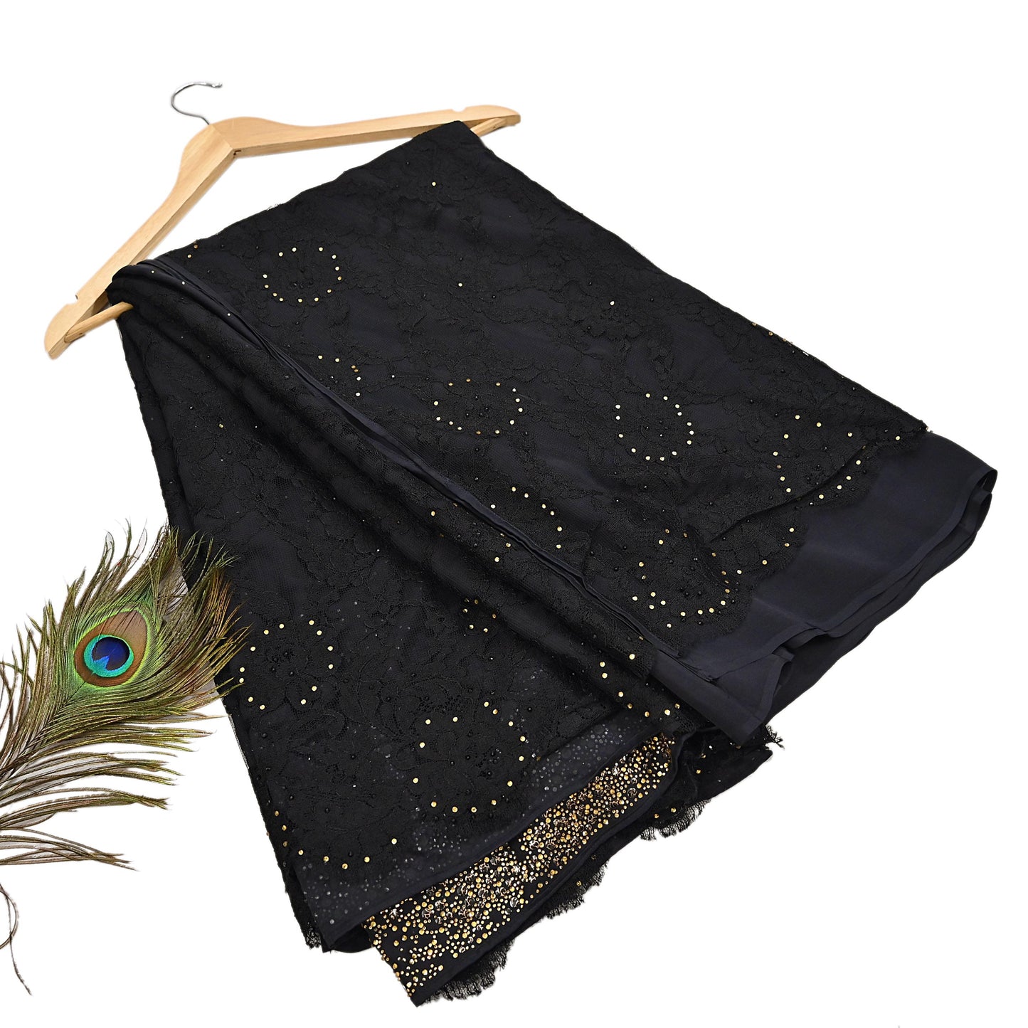Rare Vintage Black  Net Pure Satin Silk Saree Hand Embroidered Fabric 5 Yards Sari Bollywood Party Wear Ethnic Designer Saree