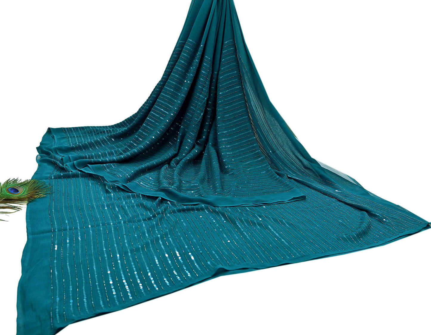 Indian Vintage Teal Blue Saree Pure Georgette Silk Hand Beaded Sari Craft Fabric 5Yd Zari Ethnic Bridal/Wedding Sarees Bollywood sari