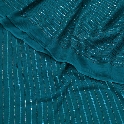 Indian Vintage Teal Blue Saree Pure Georgette Silk Hand Beaded Sari Craft Fabric 5Yd Zari Ethnic Bridal/Wedding Sarees Bollywood sari