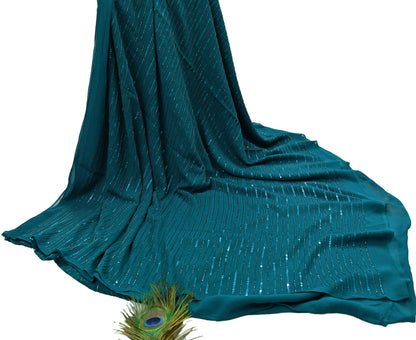 Indian Vintage Teal Blue Saree Pure Georgette Silk Hand Beaded Sari Craft Fabric 5Yd Zari Ethnic Bridal/Wedding Sarees Bollywood sari