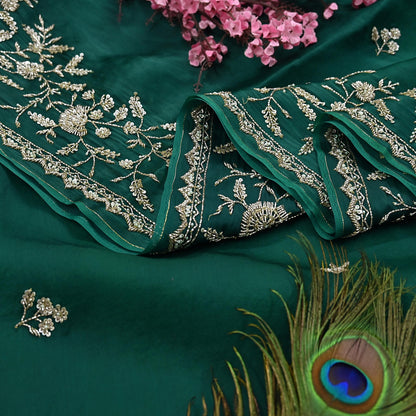 Rare Vintage Bottle Green Pure Organza Silk Saree Zardozi Hand Embroidered Designer Abu Jani Sari 6 Yard Bollywood Party Wear