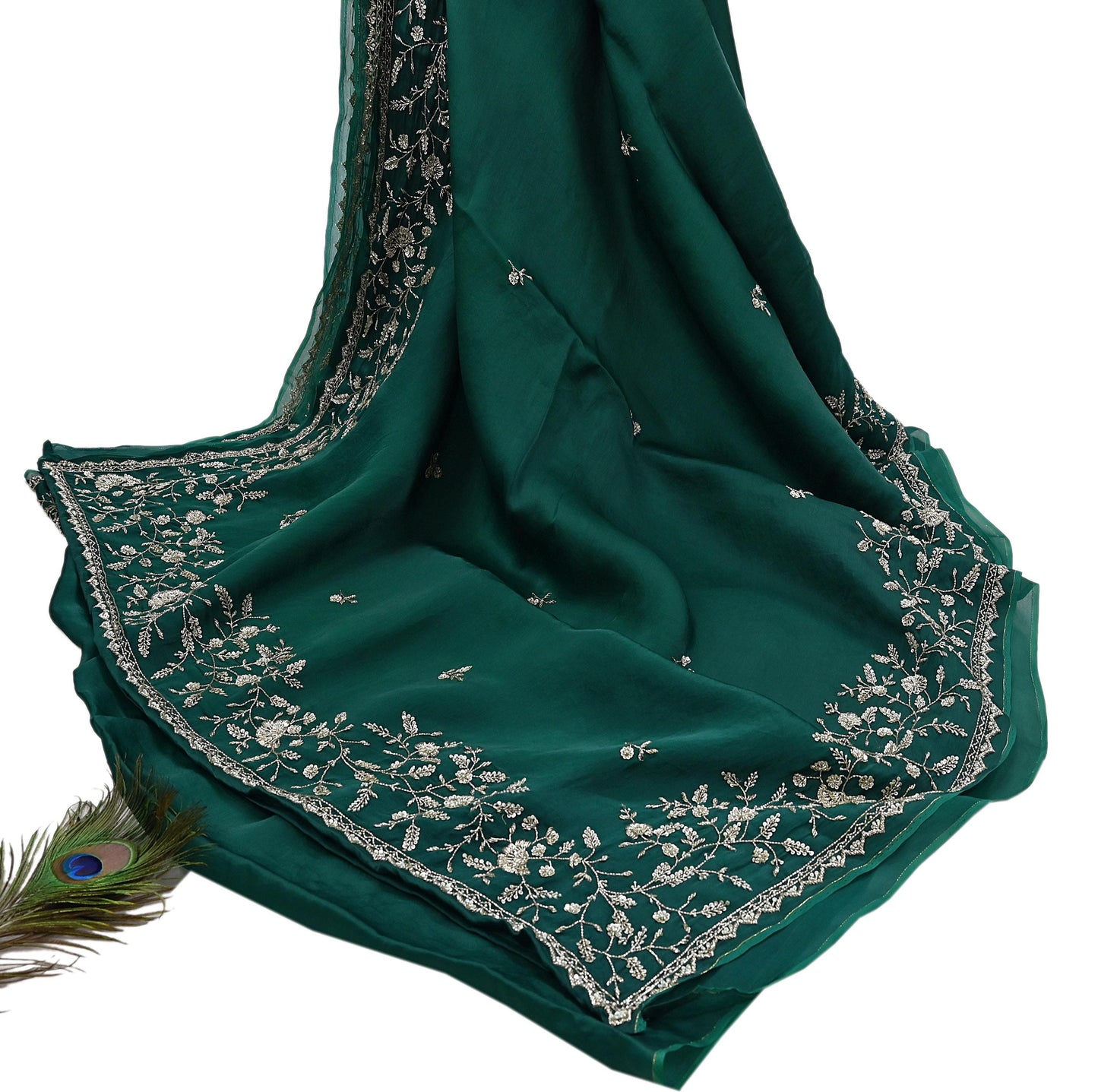 Rare Vintage Bottle Green Pure Organza Silk Saree Zardozi Hand Embroidered Designer Abu Jani Sari 6 Yard Bollywood Party Wear