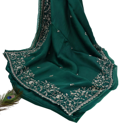 Rare Vintage Bottle Green Pure Organza Silk Saree Zardozi Hand Embroidered Designer Abu Jani Sari 6 Yard Bollywood Party Wear