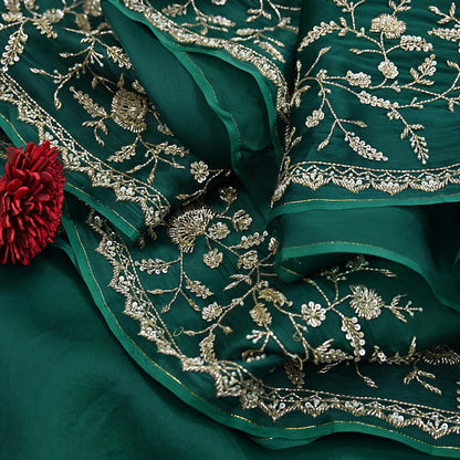 Rare Vintage Bottle Green Pure Organza Silk Saree Zardozi Hand Embroidered Designer Abu Jani Sari 6 Yard Bollywood Party Wear