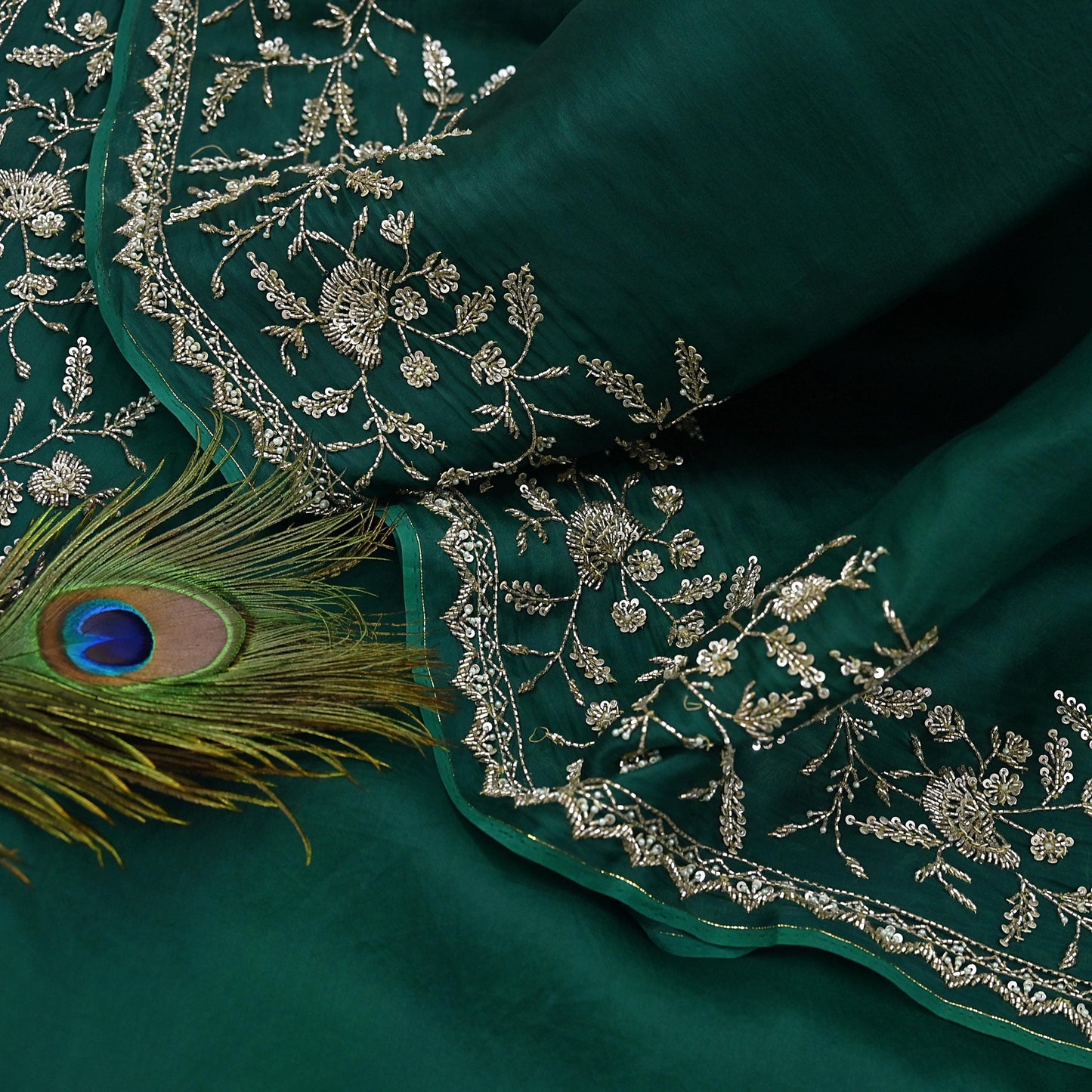 Rare Vintage Bottle Green Pure Organza Silk Saree Zardozi Hand Embroidered Designer Abu Jani Sari 6 Yard Bollywood Party Wear