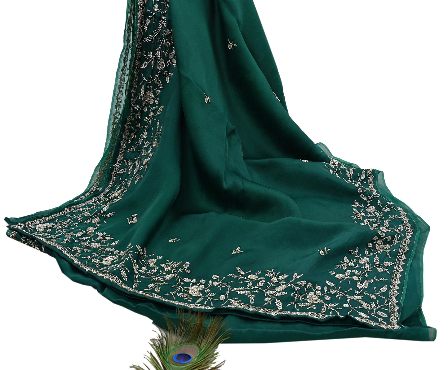 Rare Vintage Bottle Green Pure Organza Silk Saree Zardozi Hand Embroidered Designer Abu Jani Sari 6 Yard Bollywood Party Wear