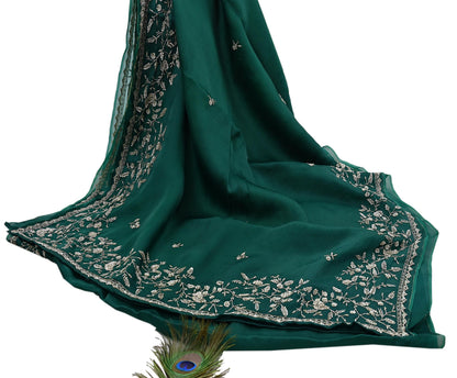 Rare Vintage Bottle Green Pure Organza Silk Saree Zardozi Hand Embroidered Designer Abu Jani Sari 6 Yard Bollywood Party Wear