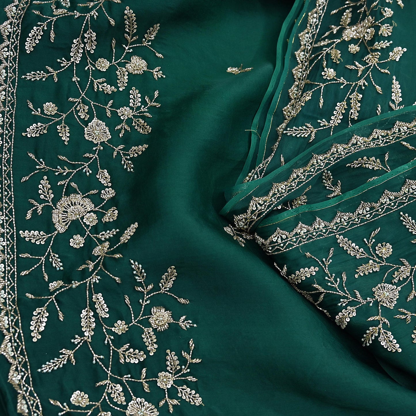 Rare Vintage Bottle Green Pure Organza Silk Saree Zardozi Hand Embroidered Designer Abu Jani Sari 6 Yard Bollywood Party Wear
