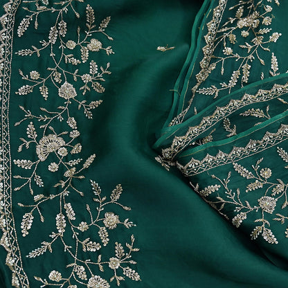 Rare Vintage Bottle Green Pure Organza Silk Saree Zardozi Hand Embroidered Designer Abu Jani Sari 6 Yard Bollywood Party Wear