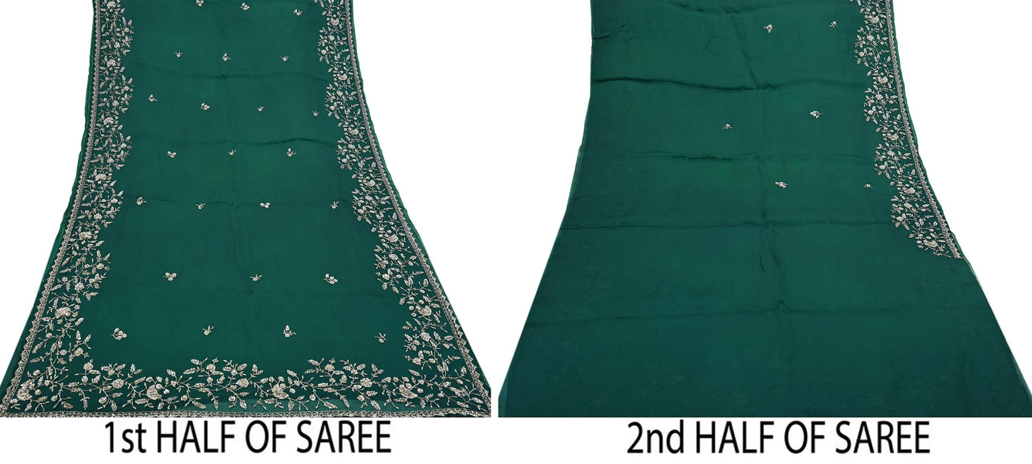 Rare Vintage Bottle Green Pure Organza Silk Saree Zardozi Hand Embroidered Designer Abu Jani Sari 6 Yard Bollywood Party Wear