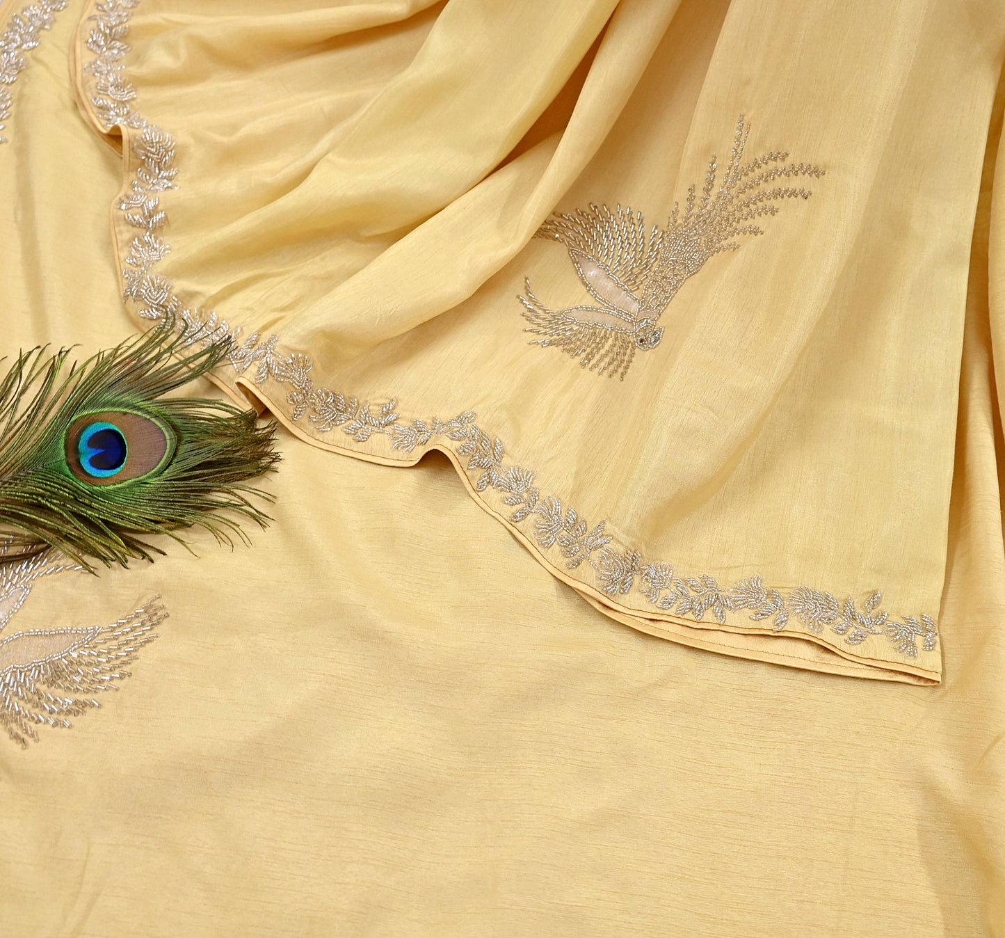 Rare Vintage Yellow Blend Silk Saree Hand Embroidered Fabric 5.5 Yard Sari Bollywood Party Wear Ethnic Designer Saree