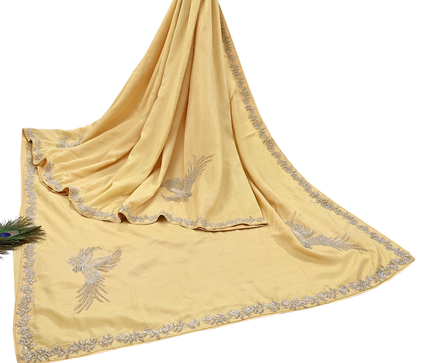 Rare Vintage Yellow Blend Silk Saree Hand Embroidered Fabric 5.5 Yard Sari Bollywood Party Wear Ethnic Designer Saree