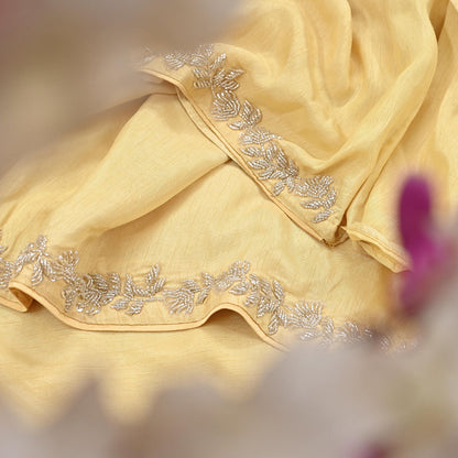 Rare Vintage Yellow Blend Silk Saree Hand Embroidered Fabric 5.5 Yard Sari Bollywood Party Wear Ethnic Designer Saree