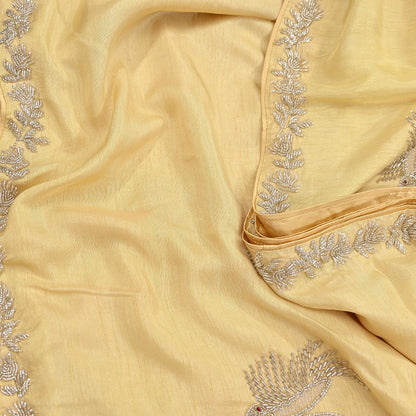 Rare Vintage Yellow Blend Silk Saree Hand Embroidered Fabric 5.5 Yard Sari Bollywood Party Wear Ethnic Designer Saree