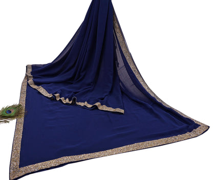 Indian Vintage Deep Blue Saree Pure Georgette Silk Hand Beaded Sari 5Yd Zari Ethnic Designer Sabyasachi Sarees Bollywood sari