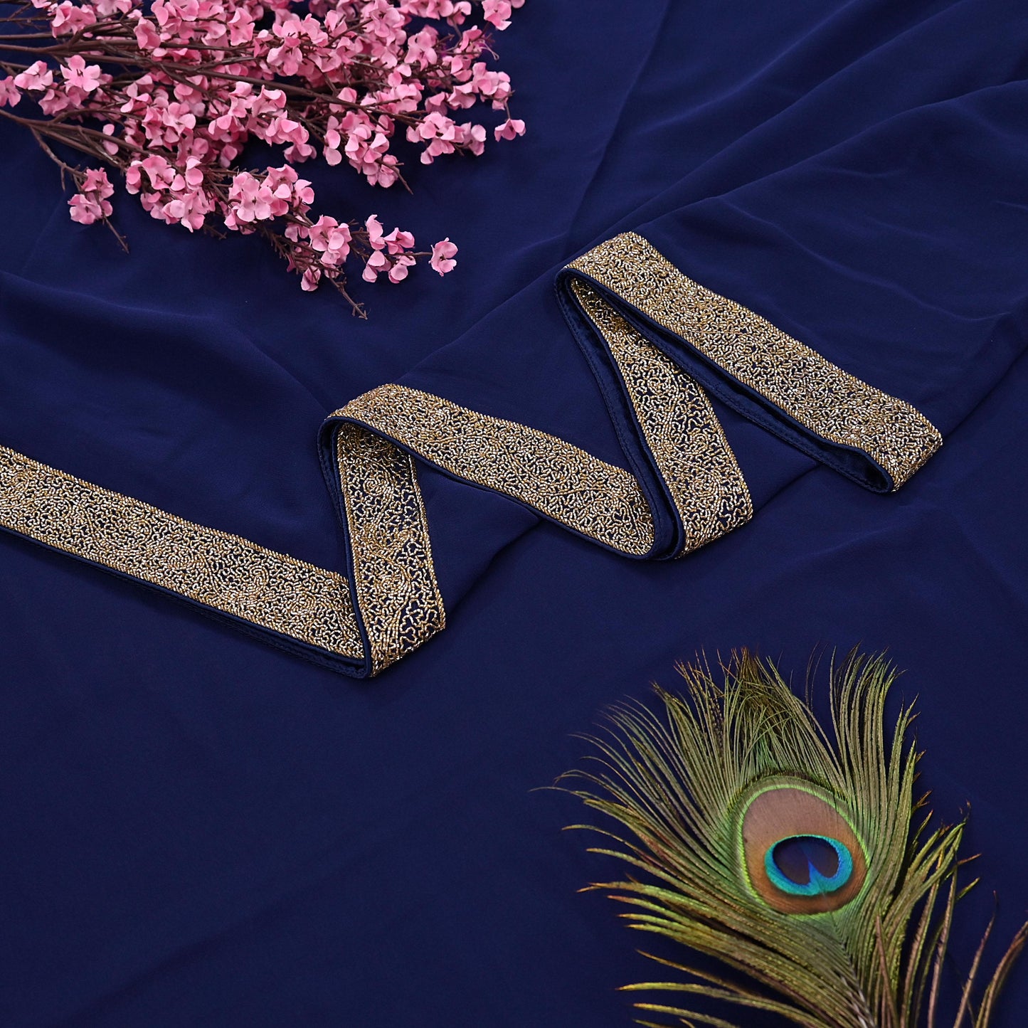 Indian Vintage Deep Blue Saree Pure Georgette Silk Hand Beaded Sari 5Yd Zari Ethnic Designer Sabyasachi Sarees Bollywood sari