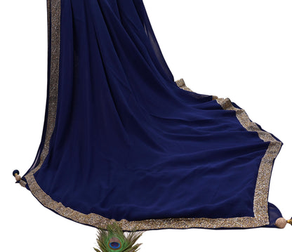 Indian Vintage Deep Blue Saree Pure Georgette Silk Hand Beaded Sari 5Yd Zari Ethnic Designer Sabyasachi Sarees Bollywood sari