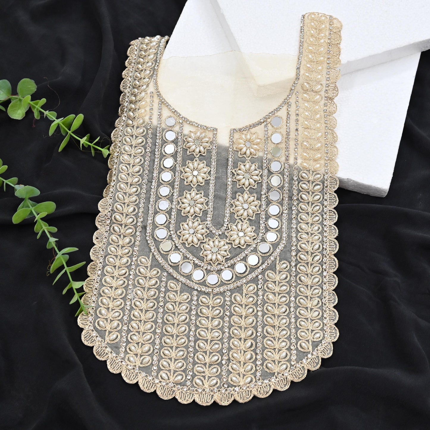 Indian Ivory Organza Hand Embroidered Antique Neck Patches Craft Journals Rare Paisley for designing Dress Making Crafting Dabka 15"X9"