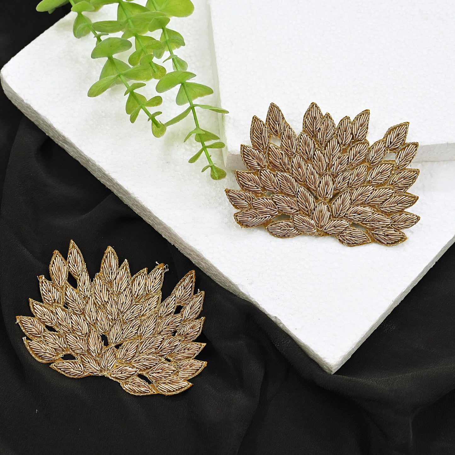Indian Vintage Golden Appliques  Set of 2 | Hand-Embroidered Floral Patches with Zardozi,Dabka, Zari,for Craft, Journals
