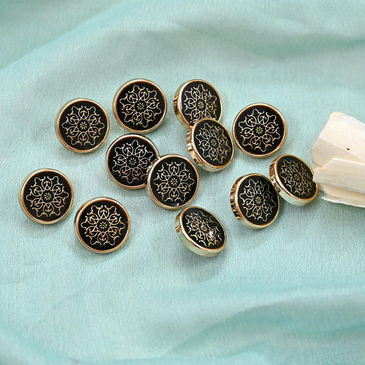 Indian Gold & Black Shank Buttons Set of 12, 17mm Decorative Buttons, Vintage Style Shirt Jacket Buttons, Sewing Craft Supplies