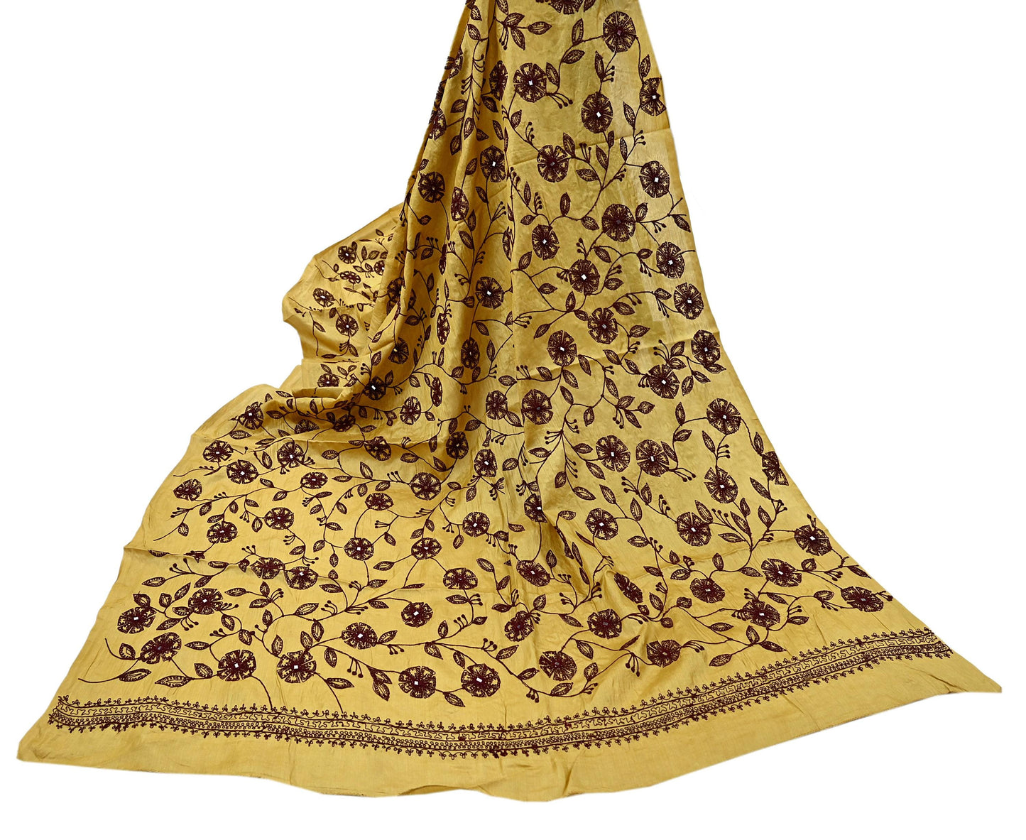 Indian Vintage Dupatta Beige Long Stole Pure silk Hand Embroidered Scarves Veil Scarf Wrap Floral Design