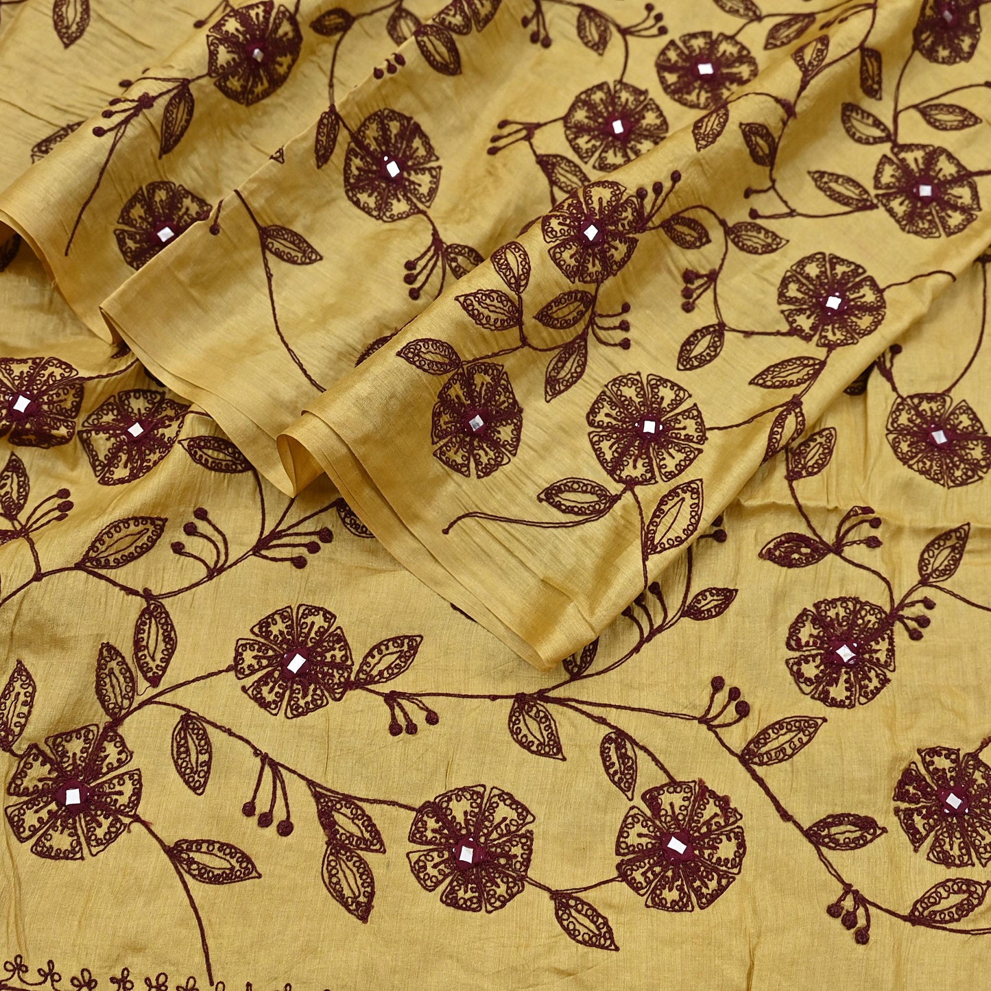 Indian Vintage Dupatta Beige Long Stole Pure silk Hand Embroidered Scarves Veil Scarf Wrap Floral Design