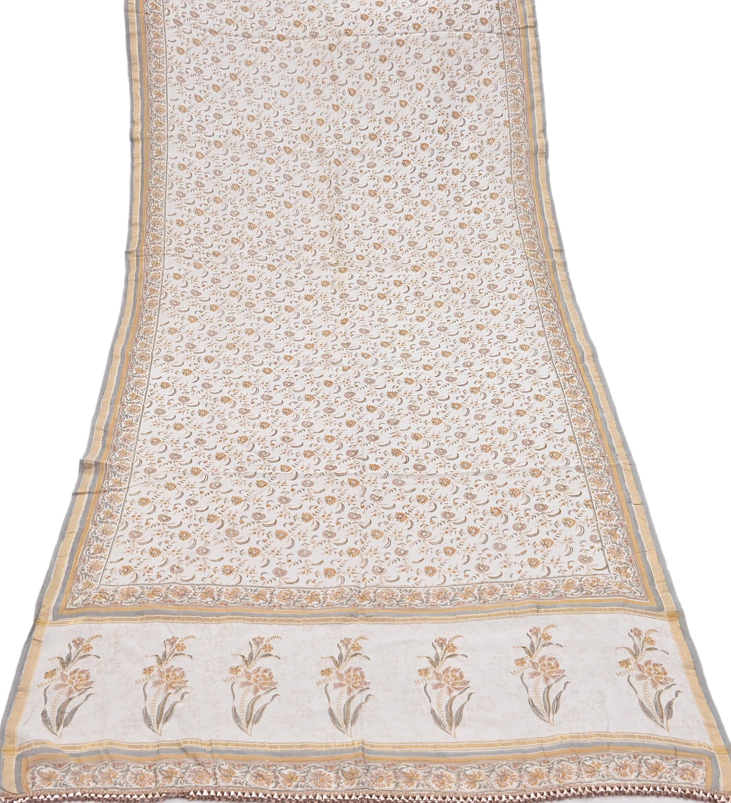 Indian Vintage Dupatta Ivory Long Stole Block Print Pure Chanderi Silk Scarves Veil Zari Wrap Hijab
