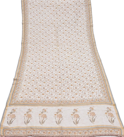 Indian Vintage Dupatta Ivory Long Stole Block Print Pure Chanderi Silk Scarves Veil Zari Wrap Hijab