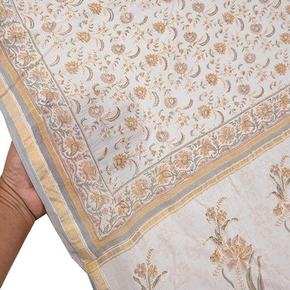 Indian Vintage Dupatta Ivory Long Stole Block Print Pure Chanderi Silk Scarves Veil Zari Wrap Hijab