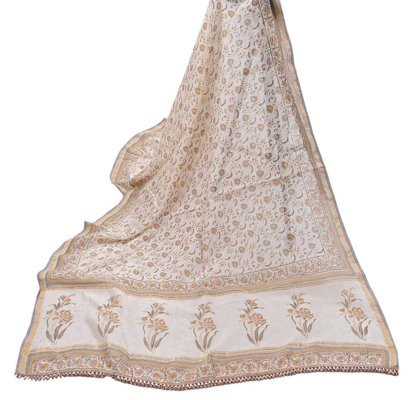 Indian Vintage Dupatta Ivory Long Stole Block Print Pure Chanderi Silk Scarves Veil Zari Wrap Hijab