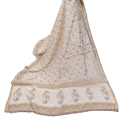 Indian Vintage Dupatta Ivory Long Stole Block Print Pure Chanderi Silk Scarves Veil Zari Wrap Hijab