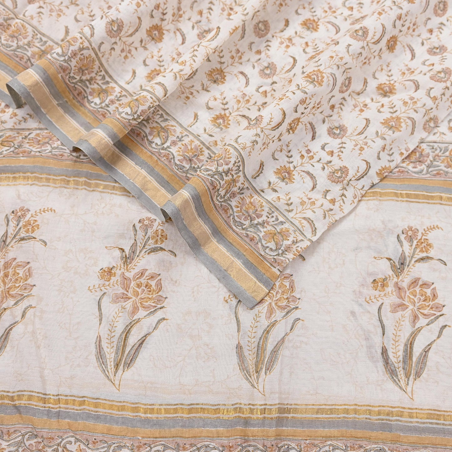 Indian Vintage Dupatta Ivory Long Stole Block Print Pure Chanderi Silk Scarves Veil Zari Wrap Hijab