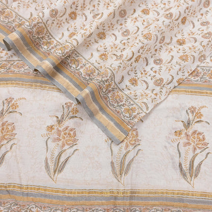 Indian Vintage Dupatta Ivory Long Stole Block Print Pure Chanderi Silk Scarves Veil Zari Wrap Hijab