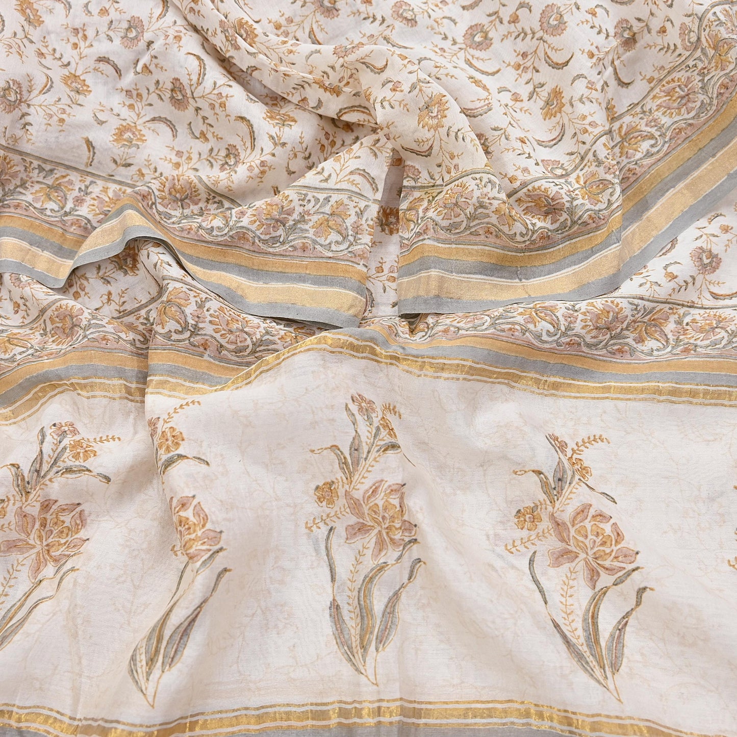 Indian Vintage Dupatta Ivory Long Stole Block Print Pure Chanderi Silk Scarves Veil Zari Wrap Hijab