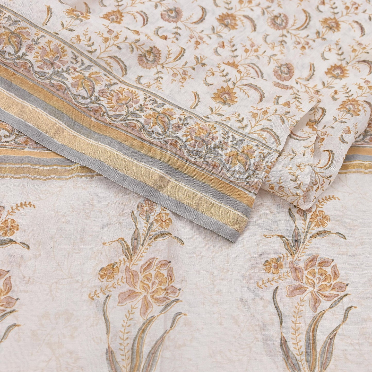 Indian Vintage Dupatta Ivory Long Stole Block Print Pure Chanderi Silk Scarves Veil Zari Wrap Hijab
