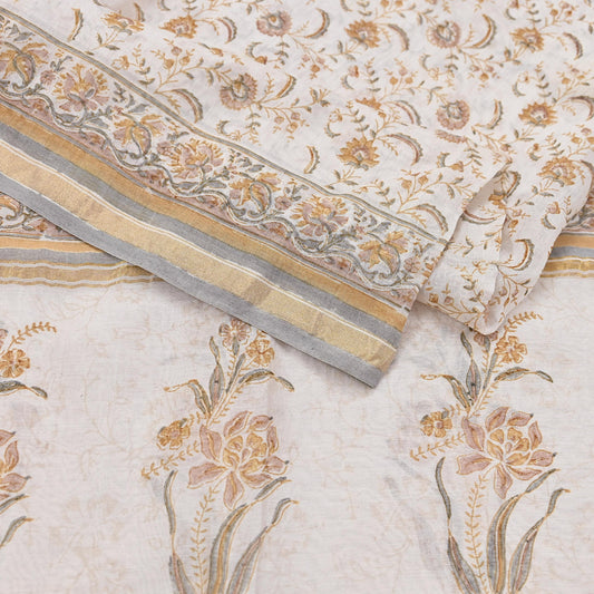 Indian Vintage Dupatta Ivory Long Stole Block Print Pure Chanderi Silk Scarves Veil Zari Wrap Hijab