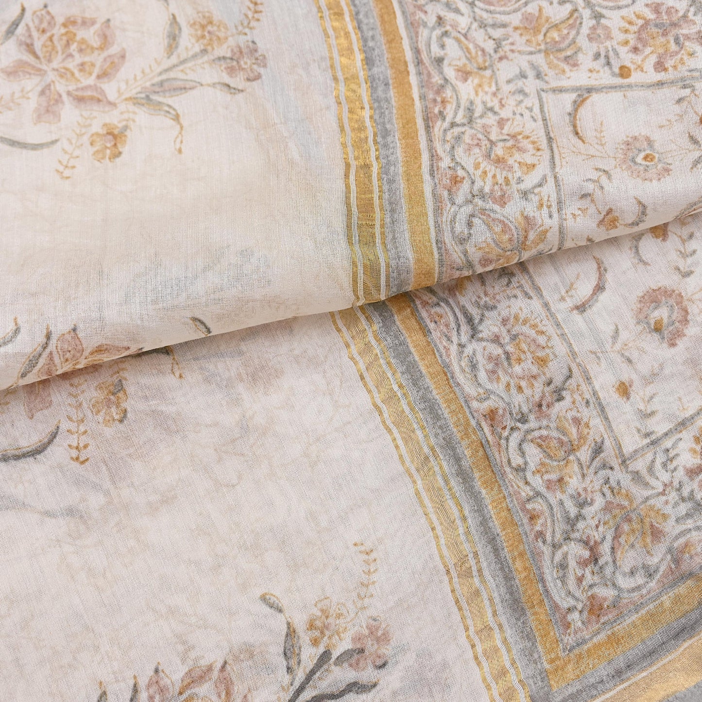 Indian Vintage Dupatta Ivory Long Stole Block Print Pure Chanderi Silk Scarves Veil Zari Wrap Hijab