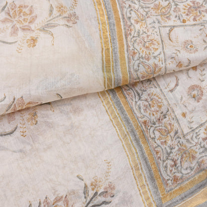 Indian Vintage Dupatta Ivory Long Stole Block Print Pure Chanderi Silk Scarves Veil Zari Wrap Hijab