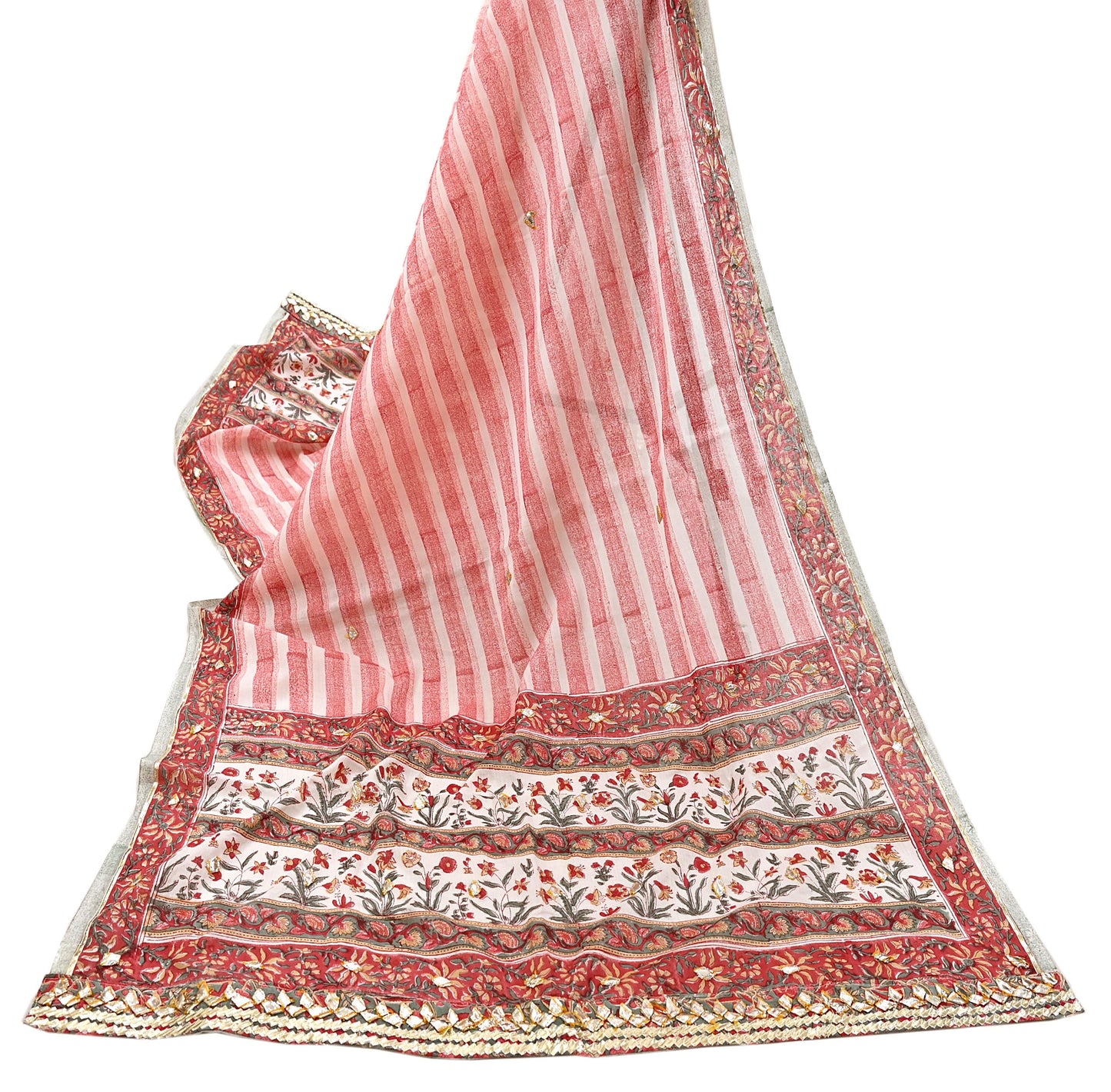Indian Vintage White & Red Dupatta Long Stole Block Print Pure Cotton Scarves Scarf Veil Wrap Boho Soft Paisley Gota Patti Border