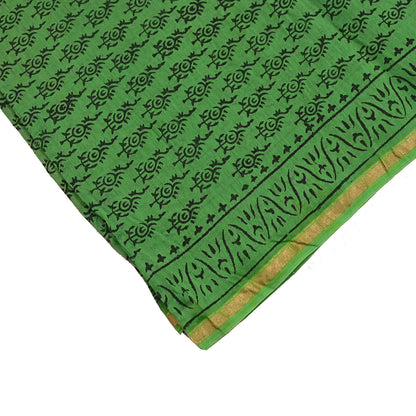 Indian Vintage Dupatta Green Dupatta Long Stole Block Print Pure Chanderi Silk Scarves Veil Golden Zari