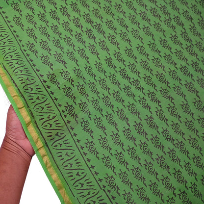 Indian Vintage Dupatta Green Dupatta Long Stole Block Print Pure Chanderi Silk Scarves Veil Golden Zari