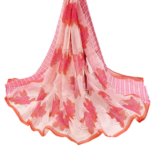 Indian Vintage White & Pink Dupatta Long Stole Block Print Pure Cotton Indian Scarves Scarf Veil Wrap Boho Soft Floral