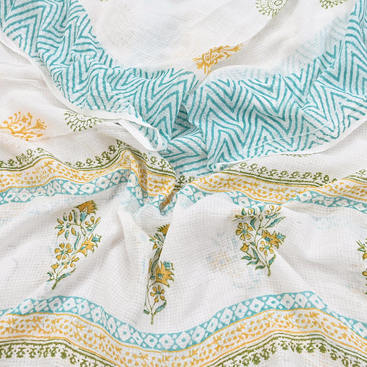Indian Vintage White Dupatta Long Stole Block Print Pure Cotton Indian Scarves Scarf Veil Wrap Boho Soft Floral