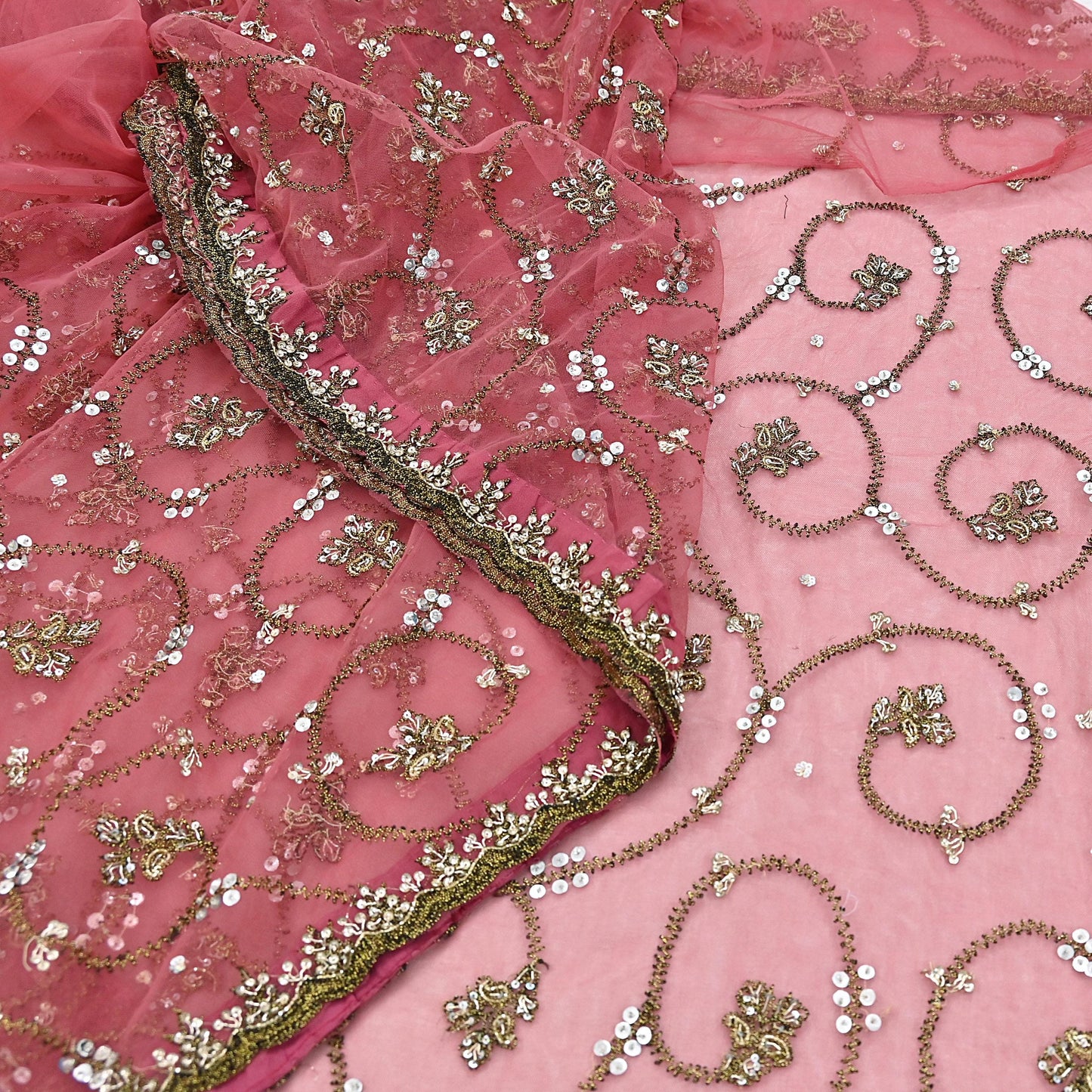 Indian Vintage Heavy Sari Peach Net/Mesh Embroidered Sarees Fabric 6Yd Sewing Soft Floral Craft Fabric Dress making Crafting Bollywood sari