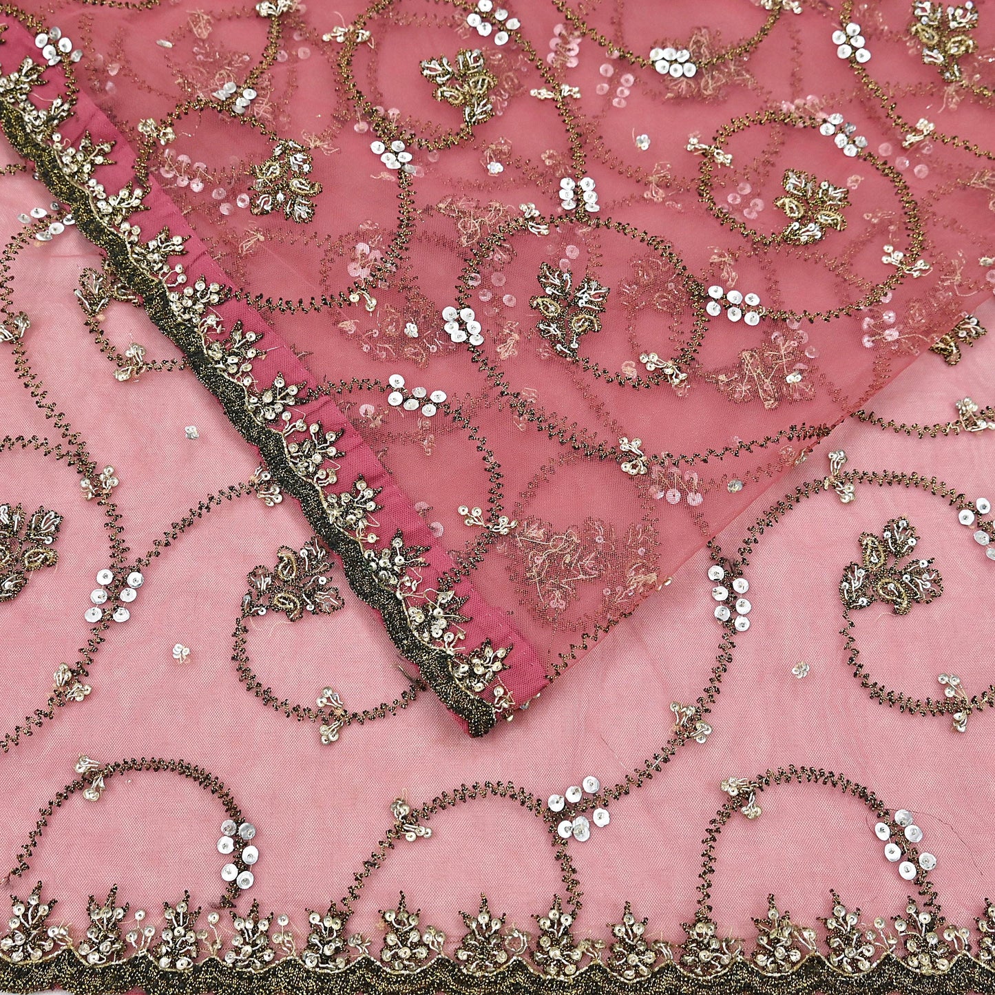 Indian Vintage Heavy Sari Peach Net/Mesh Embroidered Sarees Fabric 6Yd Sewing Soft Floral Craft Fabric Dress making Crafting Bollywood sari