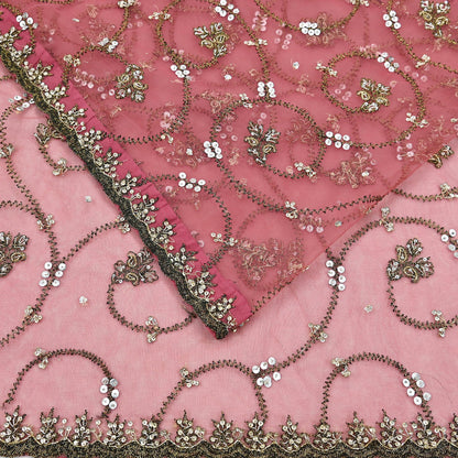 Indian Vintage Heavy Sari Peach Net/Mesh Embroidered Sarees Fabric 6Yd Sewing Soft Floral Craft Fabric Dress making Crafting Bollywood sari