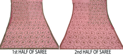 Indian Vintage Heavy Sari Peach Net/Mesh Embroidered Sarees Fabric 6Yd Sewing Soft Floral Craft Fabric Dress making Crafting Bollywood sari