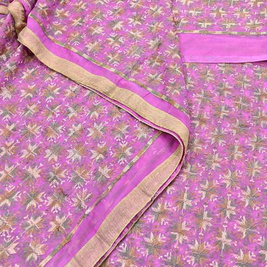 Indian Vintage Pink Sarees Chiffon Embroidered Bagh Phulkari Sari Craft Fabric 5Yard Dress Making Sewing Quilting Crafting Upcycle